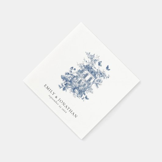 Blauwe Toile De Jouy Bloemen Namen Datum Bruiloft Servet (Hoek)