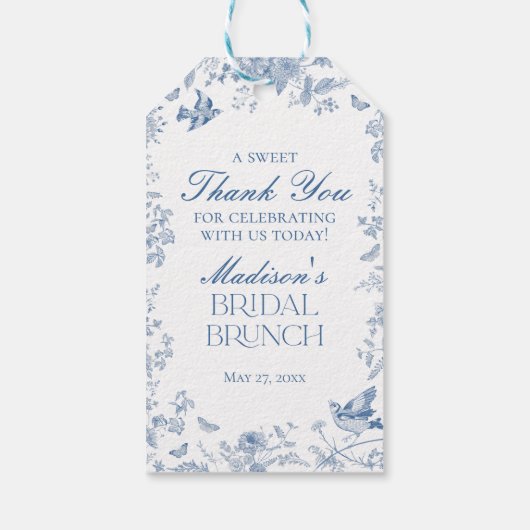 Blauwe Toile De Jouy Bruids Brunch Favorieten Cadeaulabel (Achterkant)