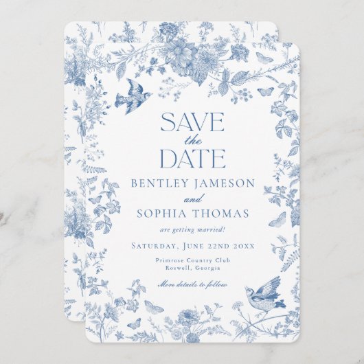 Blauwe Toile De Jouy Franse Bloemen Bewaar de Datu Kaart (Voorkant / Achterkant)