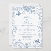 Blauwe Toile De Jouy Franse Bloemen Bewaar de Datu Kaart (Voorkant)