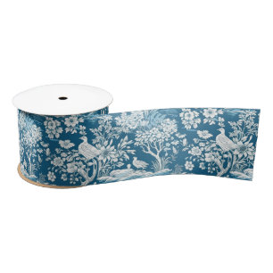 Blauwe Toile de Jouy-geïnspireerde Bloemendikte Lint