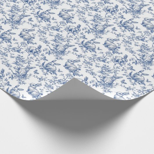 Blauwe Toile de Jouy Paashaas Cadeaupapier (Hoek)