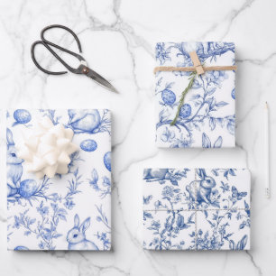 Blauwe Toile de Jouy Paashaas Inpakpapier Vel