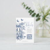 Blauwe Toile De Jouy QR Code Bruiloft Details Informatiekaartje (Staand voorkant)