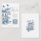Blauwe Toile De Jouy QR Code Bruiloft Details Informatiekaartje (Voorkant / Achterkant)