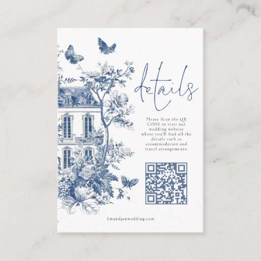 Blauwe Toile De Jouy QR Code Bruiloft Details Informatiekaartje (Voorkant)