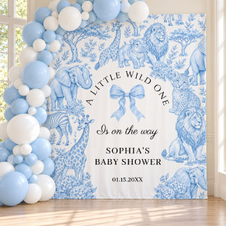 Blauwe Toile de Jouy Safari Jongen Baby Shower Ach Wandkleed