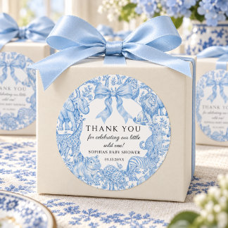 Blauwe Toile de Jouy Safari Jongen Baby Shower Ronde Sticker