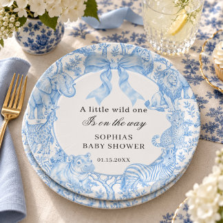 Blauwe Toile de Jouy Safari Jongens Babyfeestje Papieren Bordje