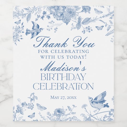 Blauwe Toile de Jouy verjaardagsfeest gunsten Wijn Etiket (Enkel label)