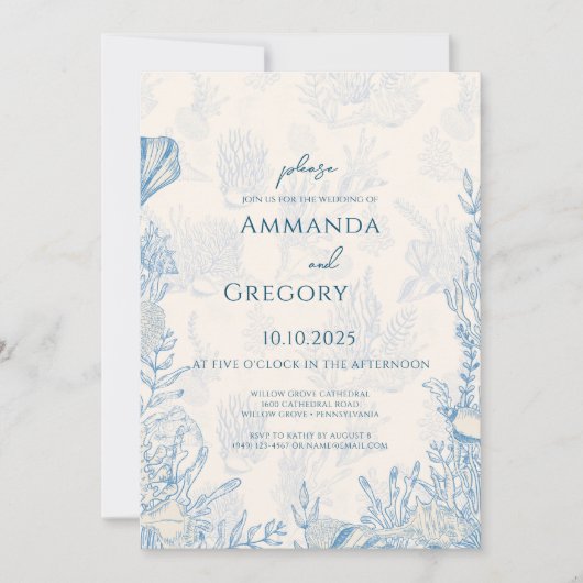 Blauwe Toile Ocean thema bruiloft Kaart (Voorkant)