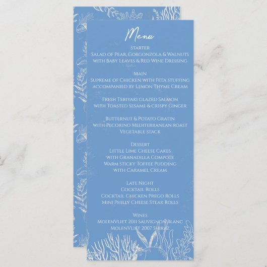 Blauwe Toile Ocean thema bruiloft Menu (Voorkant / Achterkant)