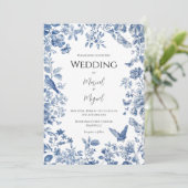 Blauwe Toile Vintage bruiloft Kaart (Staand voorkant)