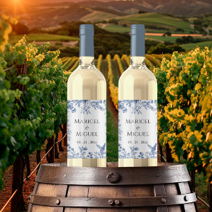 Blauwe Toile Vintage bruiloft Wijn Etiket