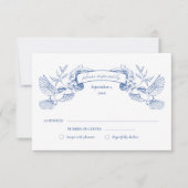 Blauwe Toile Vogels Bruiloft RSVP Kaartje (Voorkant)