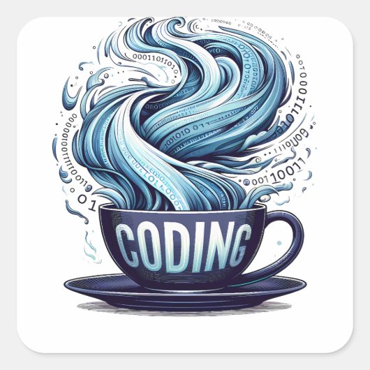 Blauwe Toon Codering Koffie Binaire Nummers Progra Vierkante Sticker (Voorkant)