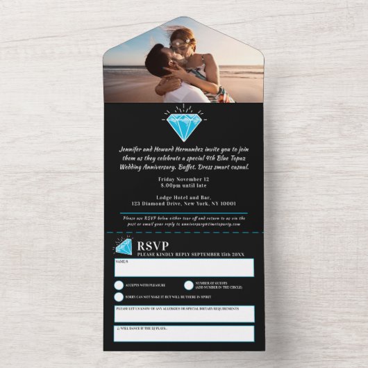 Blauwe topaas 4e huwelijksverjaardag edelsteen all in one uitnodiging (Binnen)