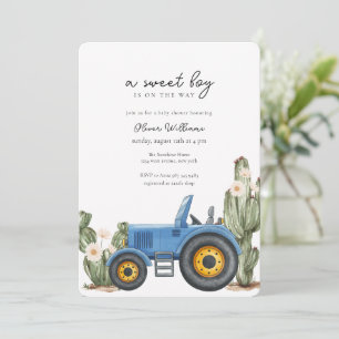 Blauwe Tractor Cactus Woestijn Baby Shower Kaart