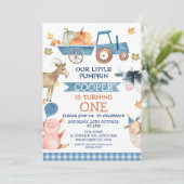 Blauwe Tractor pompoen en boerderijdieren 1e verja Kaart (Staand voorkant)