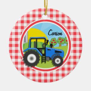 Blauwe tractor; rode en witte gingham keramisch ornament