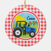 Blauwe tractor; rode en witte gingham keramisch ornament (Achterkant)