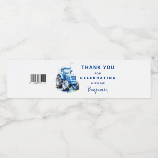 Blauwe Tractor Verjaardag Waterfles Etiket Wrapper (Enkel label)