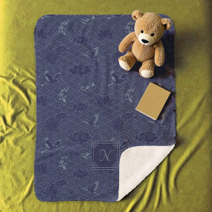 Blauwe Traditionele Japanse Golf Seigaiha Monogram Sherpa Deken