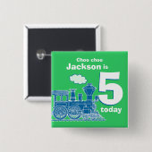Blauwe trein verjaardagsnaam en leeftijd 5 groene vierkante button 5,1 cm (Voorkant /achterkant)