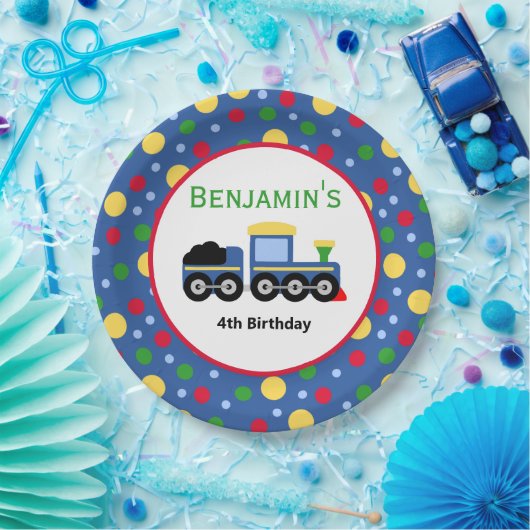 Blauwe treinmotor en steenkoolauto papieren bordje (Feest)