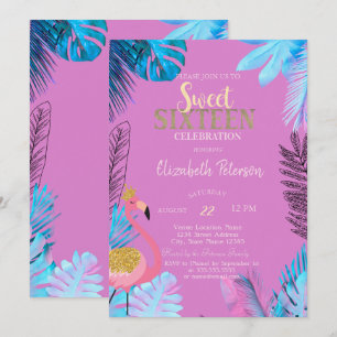 Blauwe Tropische Bladeren Flamingo's Roze Sweet 16 Kaart