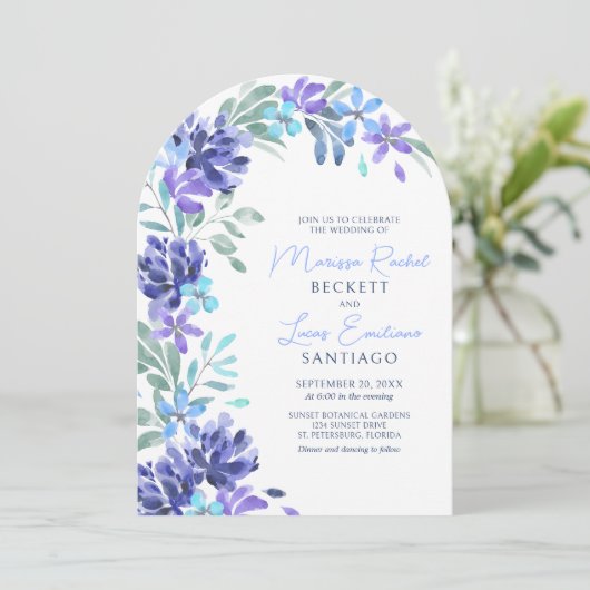 Blauwe Tropische Bloemboog bruiloft Kaart (Staand voorkant)