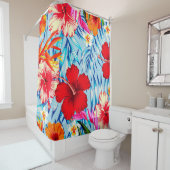 Blauwe Tropische hibiscus bloemen Douchegordijn (In situ)