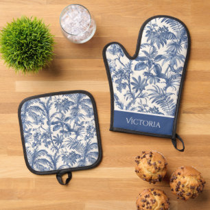 Blauwe tropische palmboom Toile gepersonaliseerd Ovenwant & Pannenlap Set