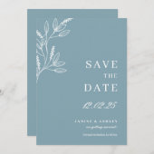 Blauwe trouw save the date botanisch kaart (Voorkant / Achterkant)