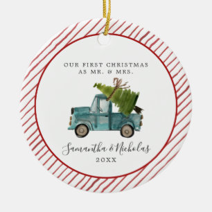 Blauwe Truck Eerste Kerstmis als Mijnheer & Mevr Keramisch Ornament