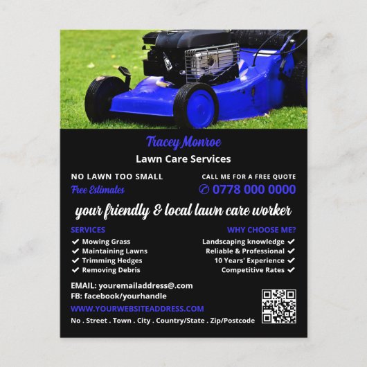 Blauwe tuin grasmaaier, gazon verzorging flyer (Voorkant)