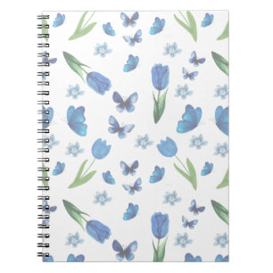 Blauwe Tulp en Vlinder Naadloos Patroon Notitieboek