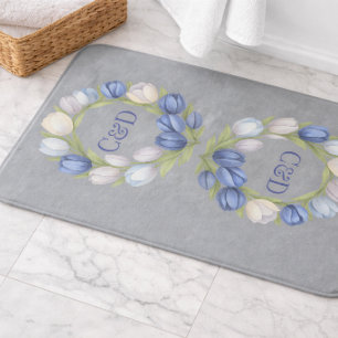 Blauwe Tulp Monogram Badmat Bloemig Elegant