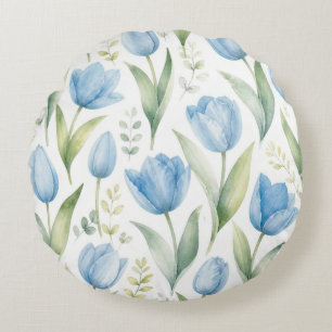Blauwe Tulpen Aquarel Bloemschilderkunst Botanisch Rond Kussen