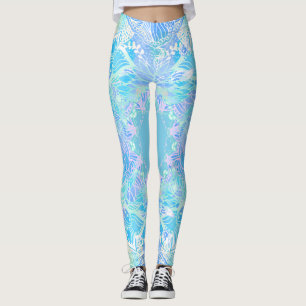 Blauwe turquoise bloemenmandala waterverf handgete leggings
