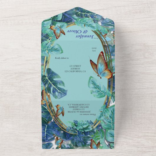 Blauwe Turquoise Monstera Bladeren & Vlinders All In One Uitnodiging (Buitenkant)