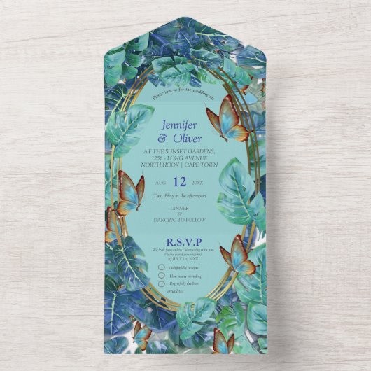 Blauwe Turquoise Monstera Bladeren & Vlinders All In One Uitnodiging (Binnen)