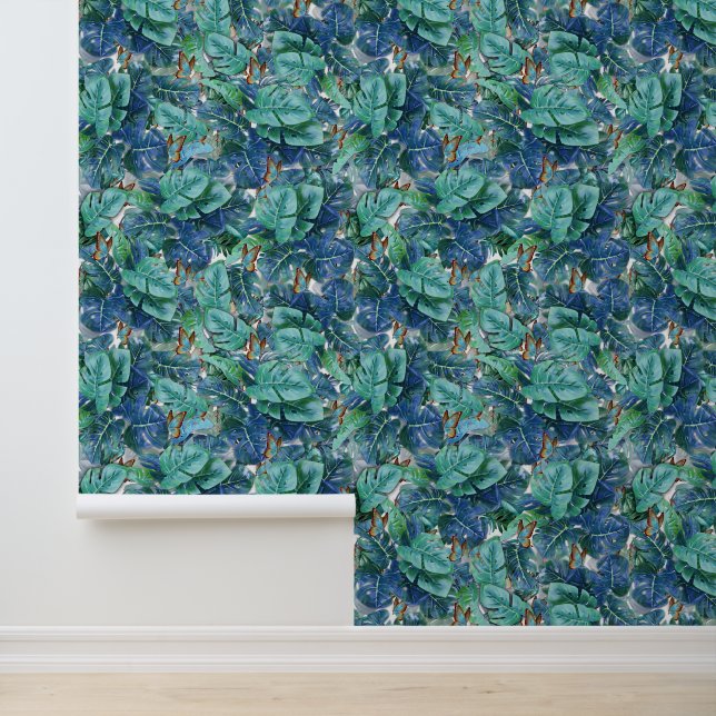 Blauwe Turquoise Monstera Bladeren & Vlinders Behang (Applicatie)