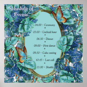 Blauwe Turquoise Monstera Bladeren & Vlinders Poster