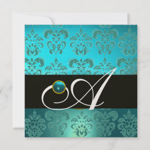 BLAUWE TURQUOISE ZWARTE CHAMPAGNE DAMAST MONOGRAM KAART