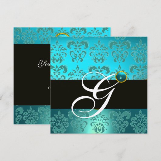 BLAUWE TURQUOISE ZWARTE ZILVEREN DAMAST MONOGRAM KAART (Voorkant / Achterkant)