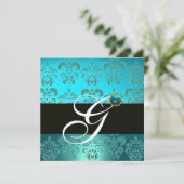 BLAUWE TURQUOISE ZWARTE ZILVEREN DAMAST MONOGRAM KAART (Staand voorkant)