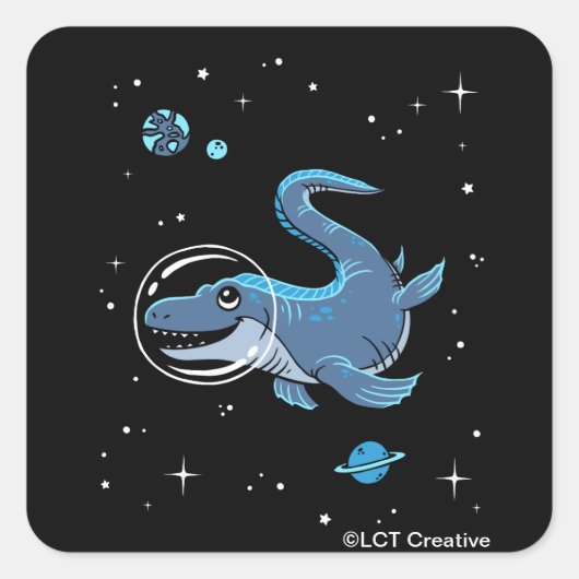 Blauwe tylosaurus dinos in de ruimte vierkante sticker (Voorkant)