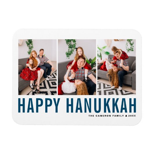 Blauwe Typografie Foto Collage Happy Hanukkah Magneet (Horizontaal)