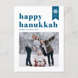 Blauwe Typografie Snowflakes Foto Happy Hanukkah Feestdagenkaart